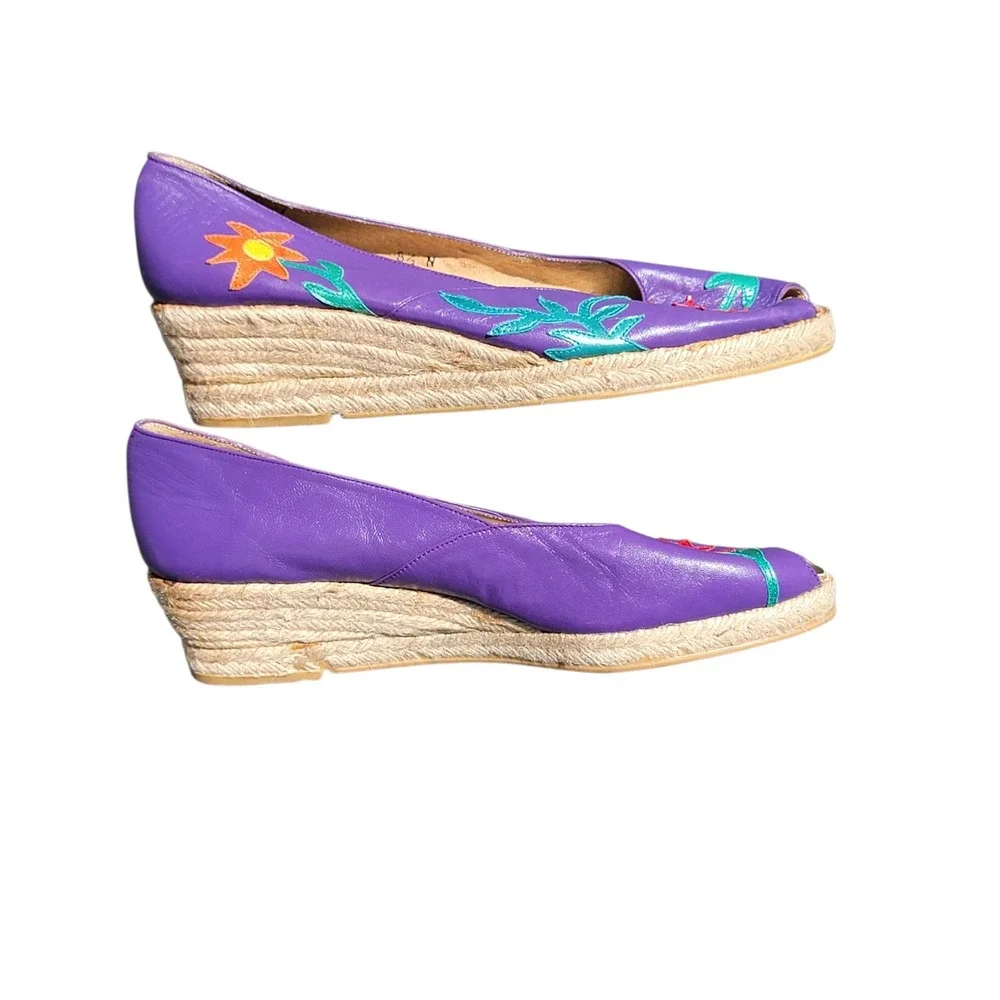 Margaret J Vintage 80s Purple Leather Floral Embroidered Espadrille Wedges 8.5 N